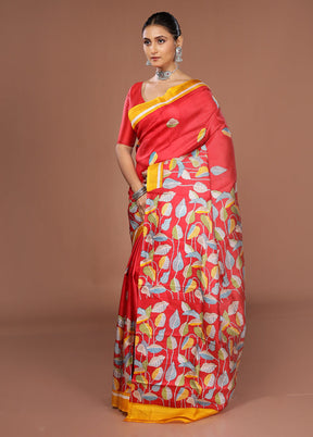 Red Printed Pure Silk Saree Without Blouse Piece