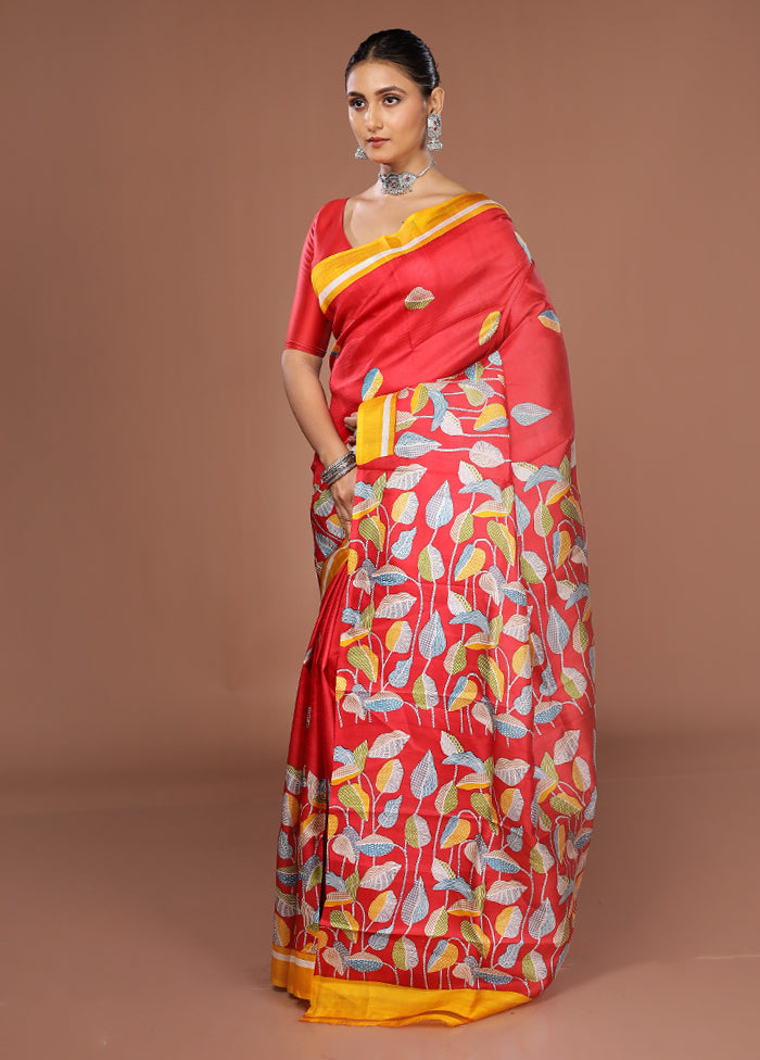 Red Printed Pure Silk Saree Without Blouse Piece