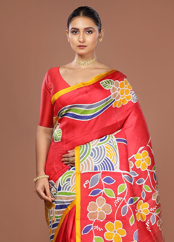 Red Printed Pure Silk Saree Without Blouse Piece