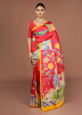 Red Printed Pure Silk Saree Without Blouse Piece