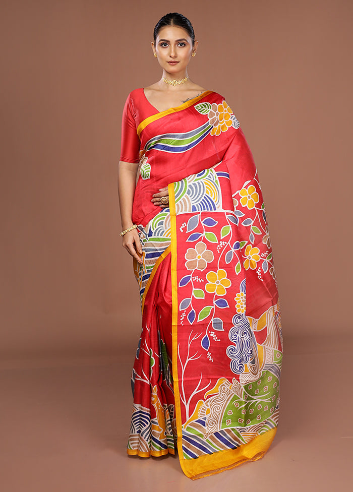 Red Printed Pure Silk Saree Without Blouse Piece