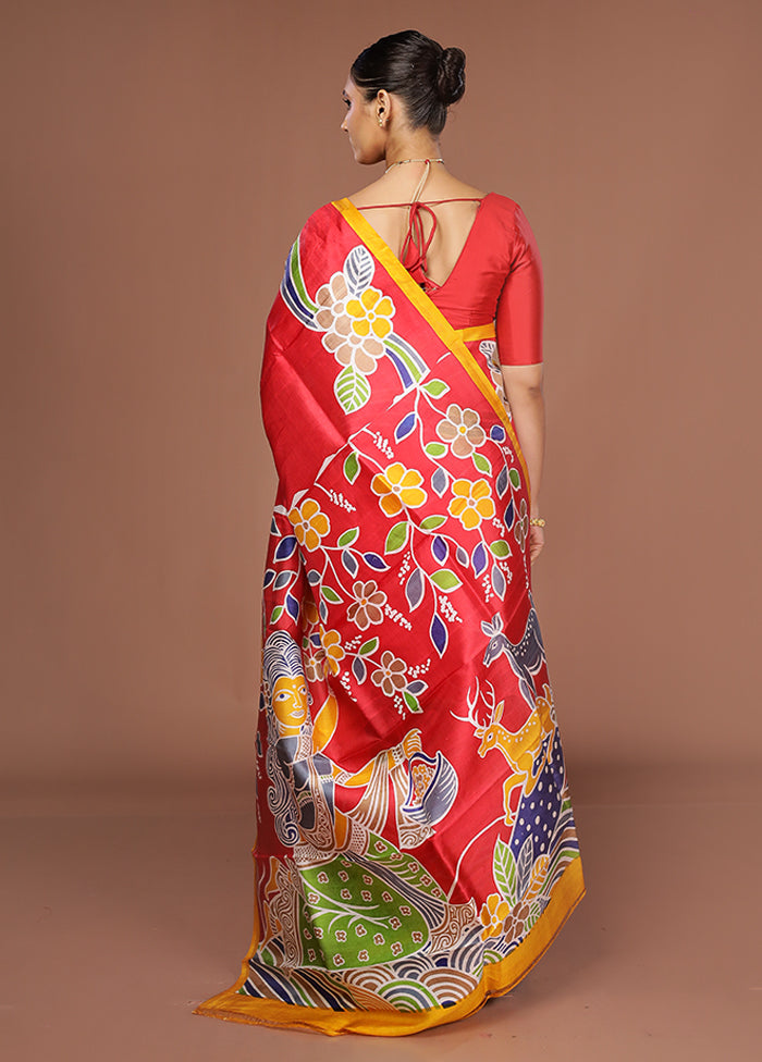 Red Printed Pure Silk Saree Without Blouse Piece