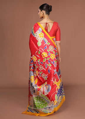 Red Printed Pure Silk Saree Without Blouse Piece