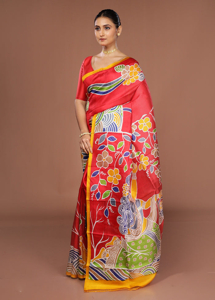 Red Printed Pure Silk Saree Without Blouse Piece