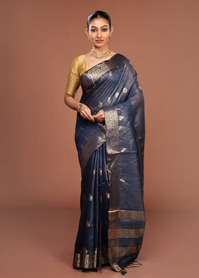 Blue Tussar Silk Saree With Blouse Piece