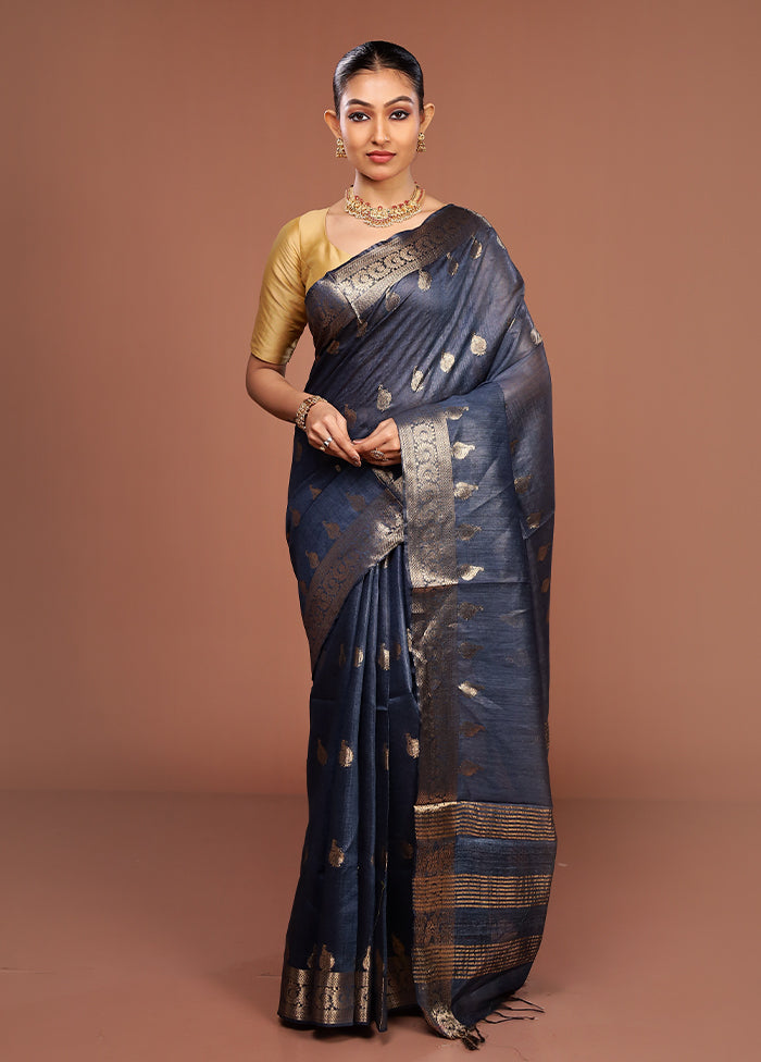Blue Tussar Silk Saree With Blouse Piece