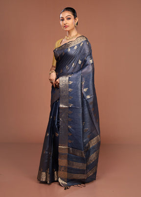 Blue Tussar Silk Saree With Blouse Piece