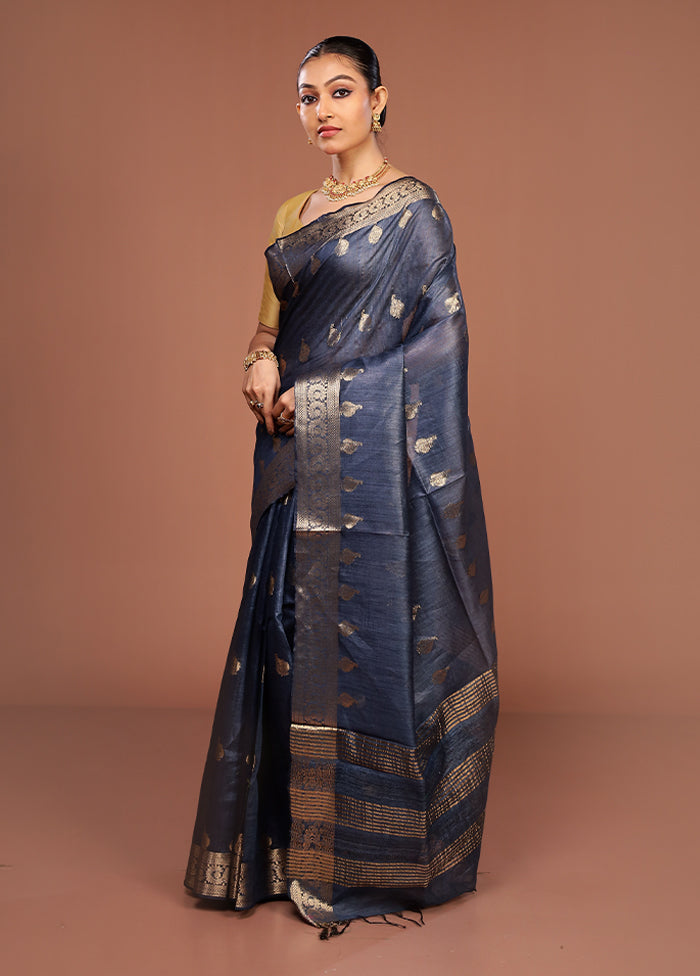 Blue Tussar Silk Saree With Blouse Piece
