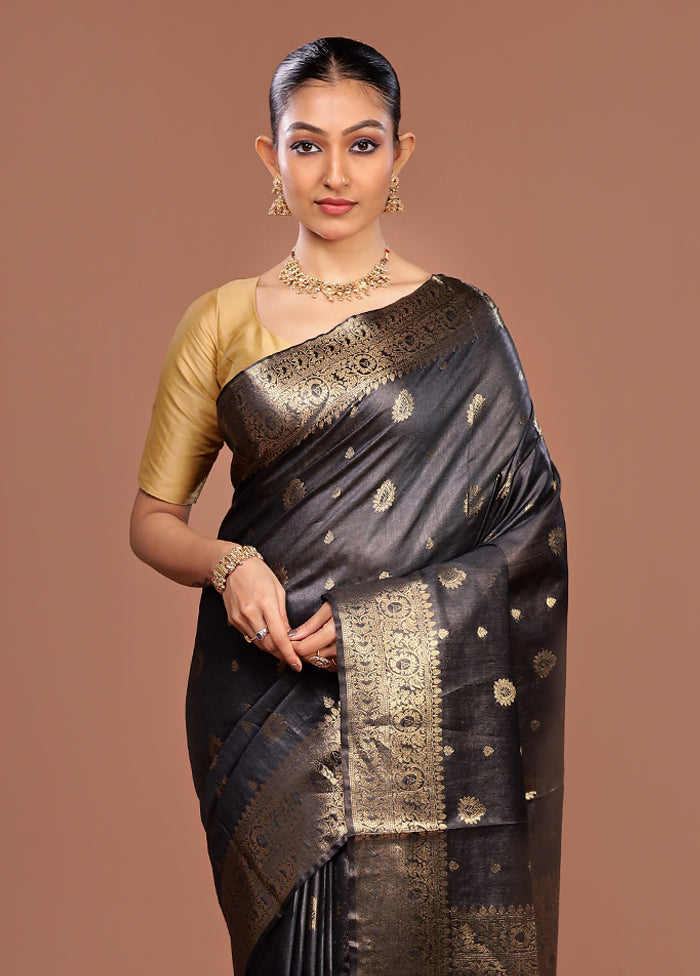 Black Tussar Silk Saree With Blouse Piece