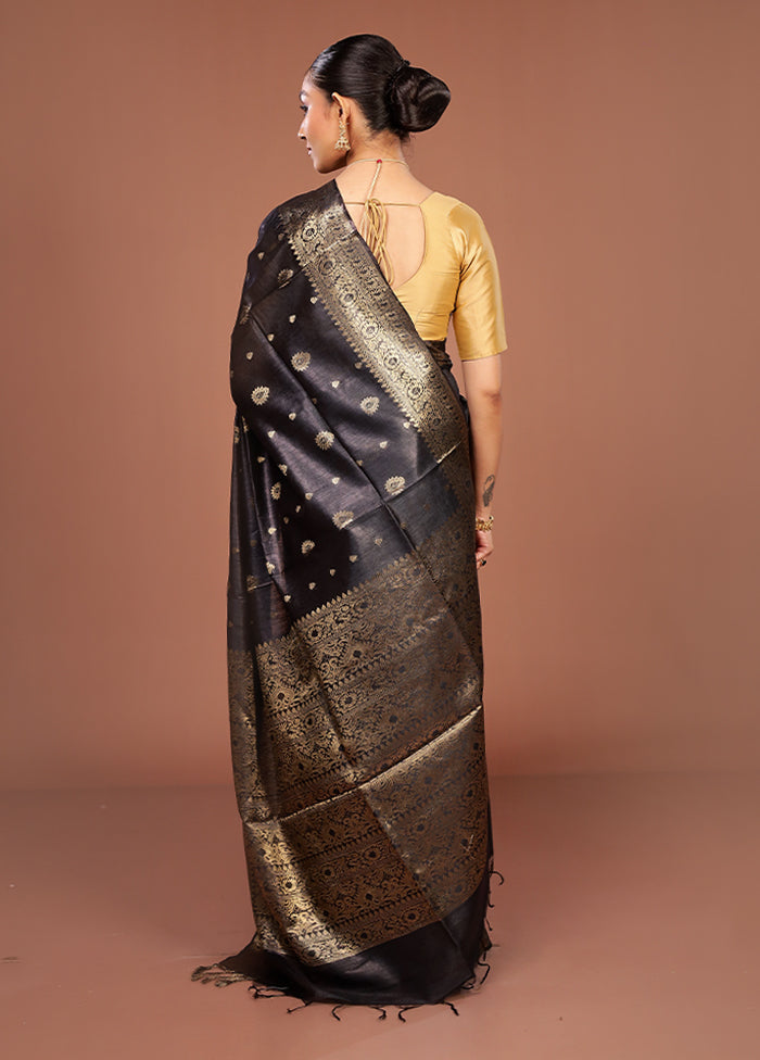 Black Tussar Silk Saree With Blouse Piece