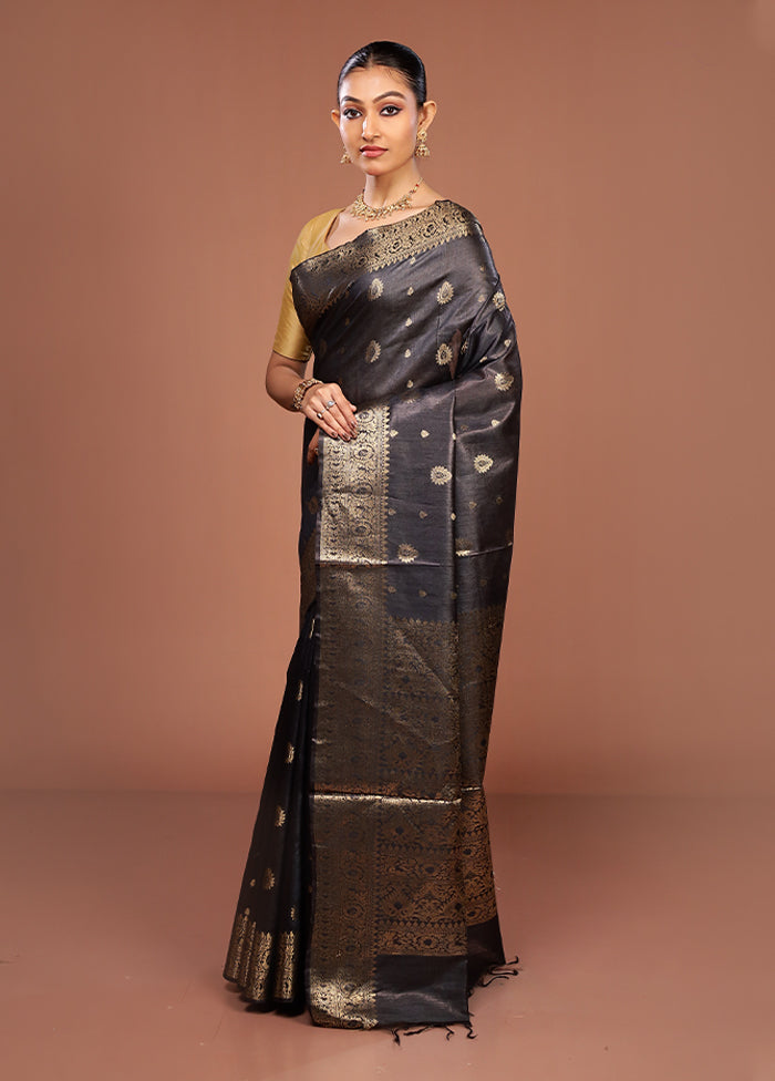 Black Tussar Silk Saree With Blouse Piece