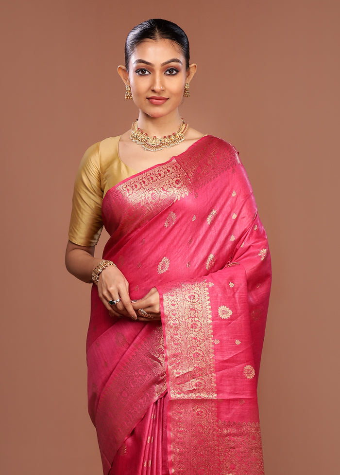 Pink Tussar Silk Saree With Blouse Piece