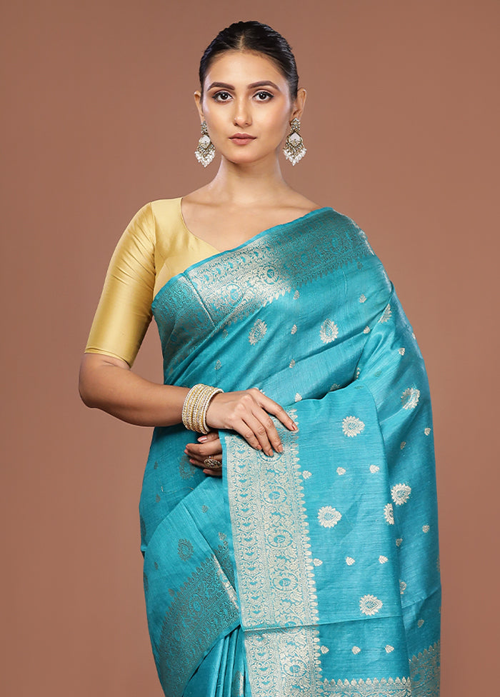 Blue Tussar Silk Saree With Blouse Piece