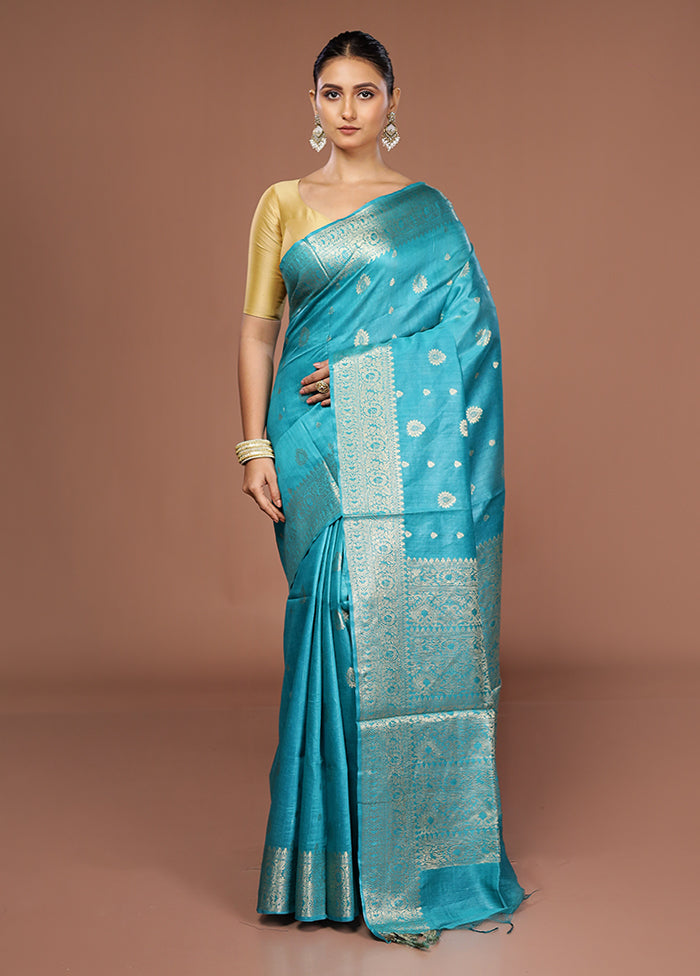 Blue Tussar Silk Saree With Blouse Piece