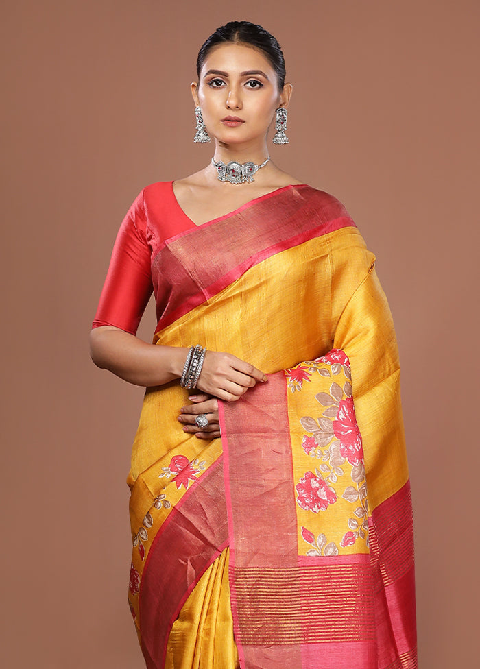 Yellow Tussar Silk Saree With Blouse Piece