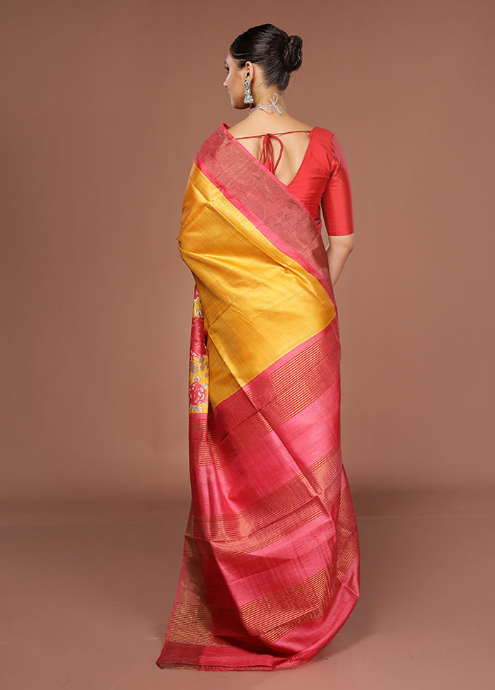 Yellow Tussar Silk Saree With Blouse Piece