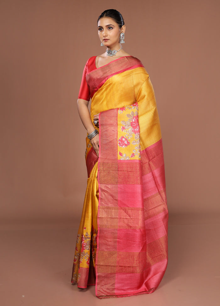 Yellow Tussar Silk Saree With Blouse Piece