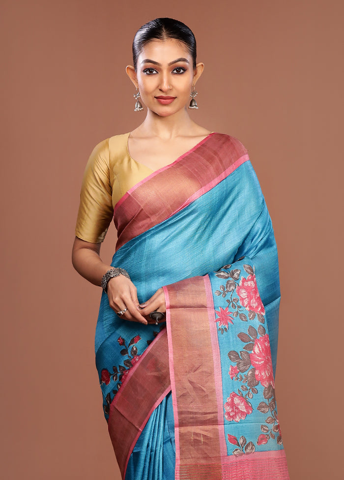 Blue Tussar Silk Saree With Blouse Piece