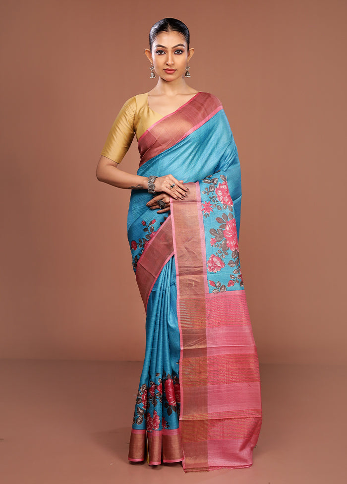 Blue Tussar Silk Saree With Blouse Piece