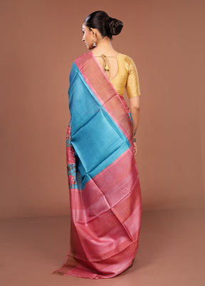 Blue Tussar Silk Saree With Blouse Piece