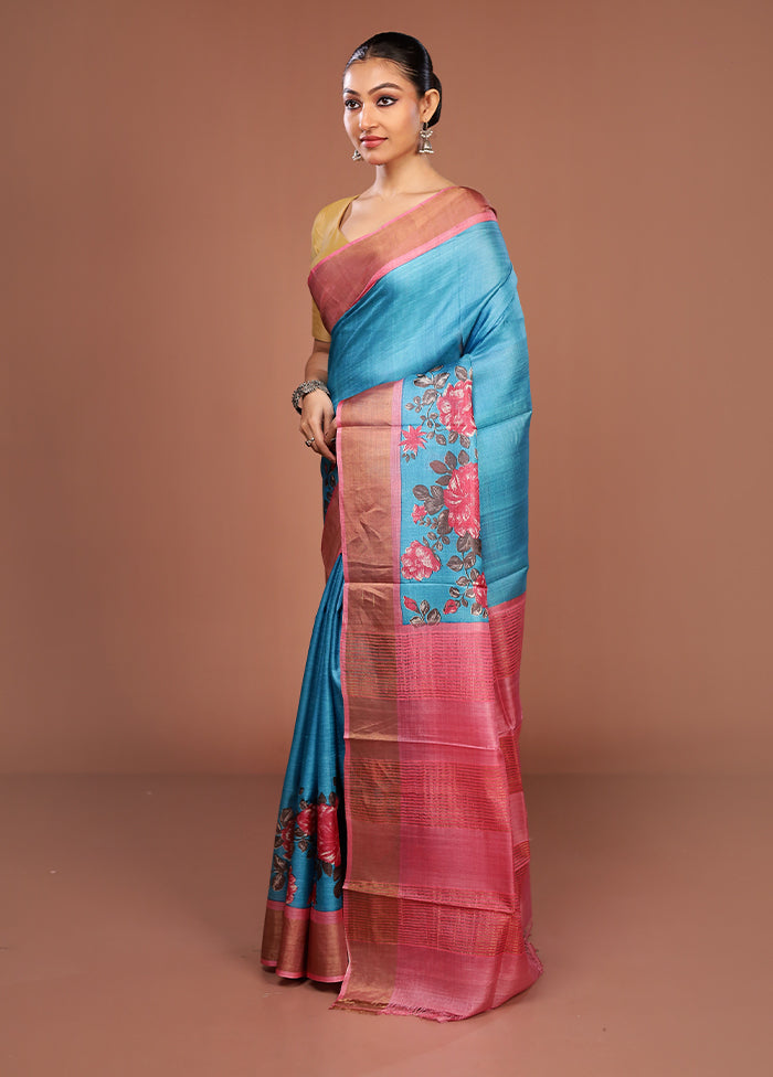 Blue Tussar Silk Saree With Blouse Piece