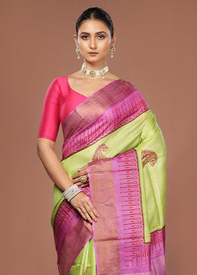 Green Tussar Silk Saree With Blouse Piece