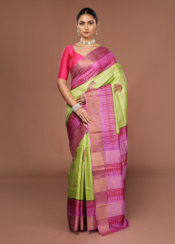Green Tussar Silk Saree With Blouse Piece