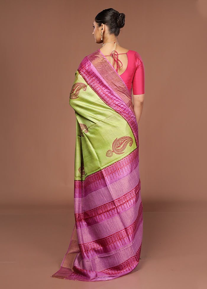 Green Tussar Silk Saree With Blouse Piece