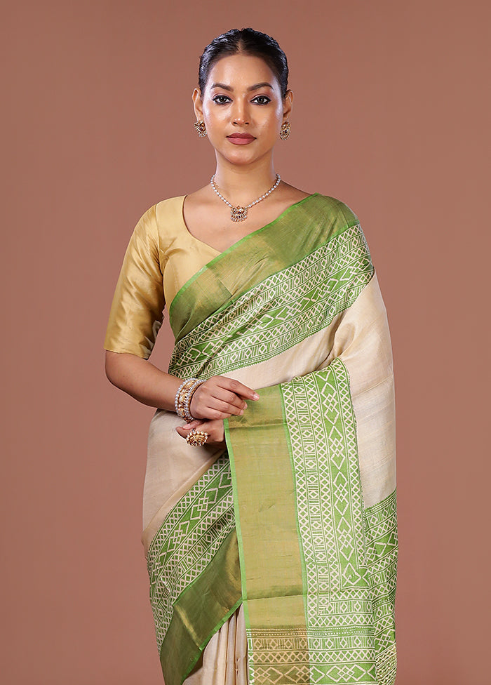 Cream Tussar Silk Saree With Blouse Piece