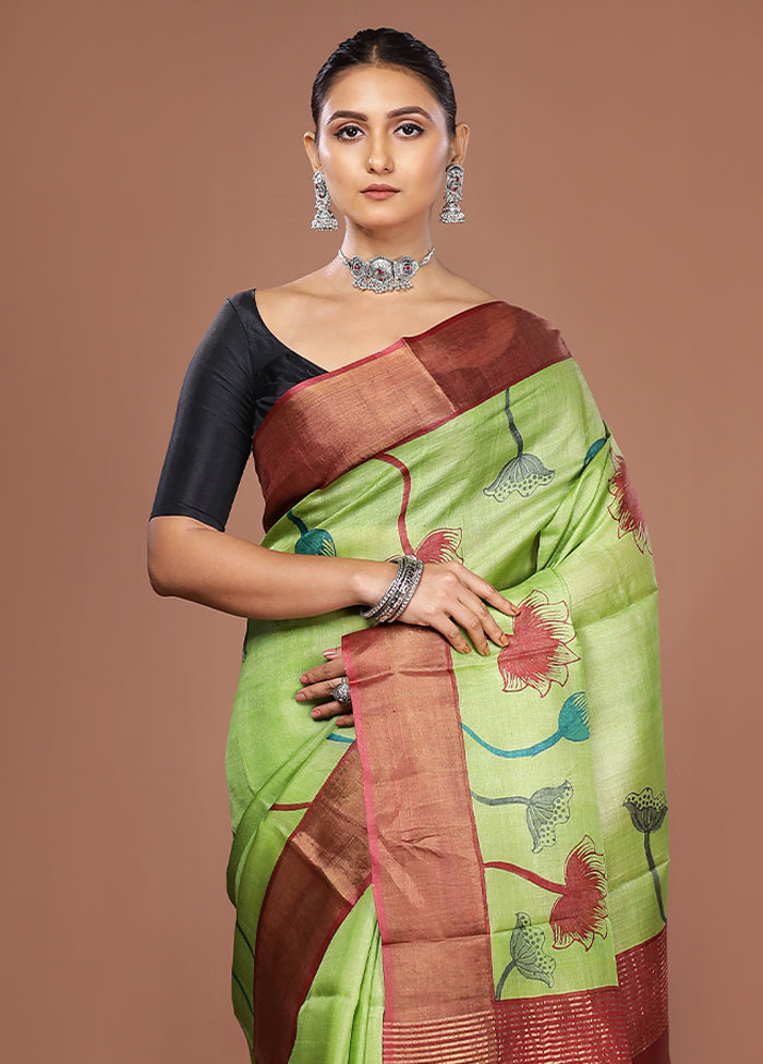 Green Tussar Silk Saree With Blouse Piece