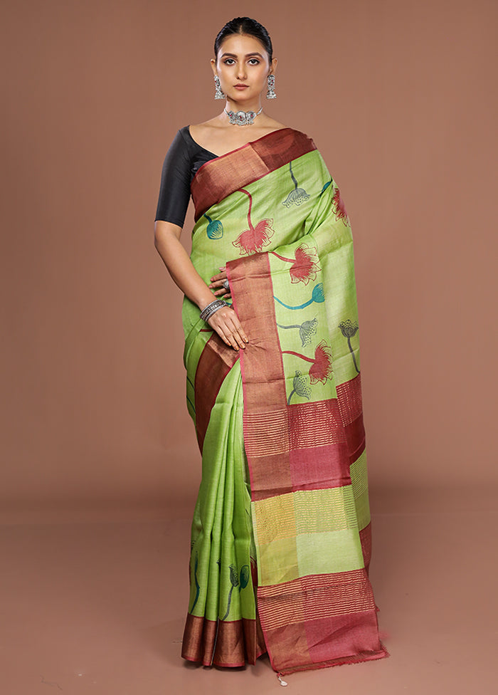 Green Tussar Silk Saree With Blouse Piece