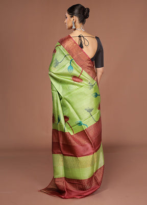 Green Tussar Silk Saree With Blouse Piece