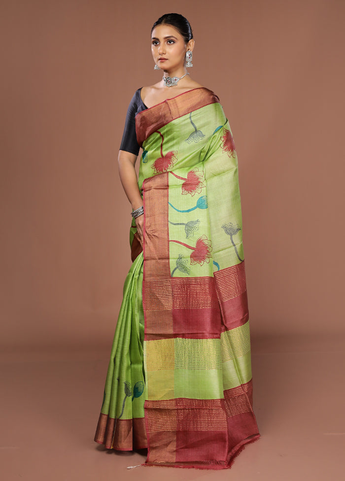 Green Tussar Silk Saree With Blouse Piece