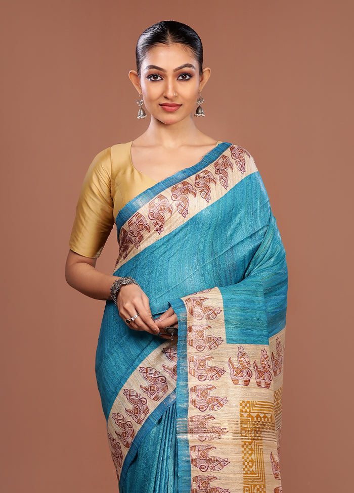 Blue Tussar Silk Saree With Blouse Piece