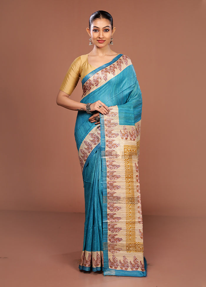 Blue Tussar Silk Saree With Blouse Piece