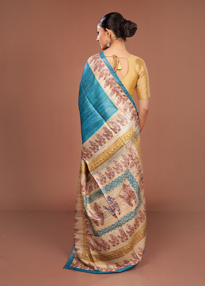 Blue Tussar Silk Saree With Blouse Piece