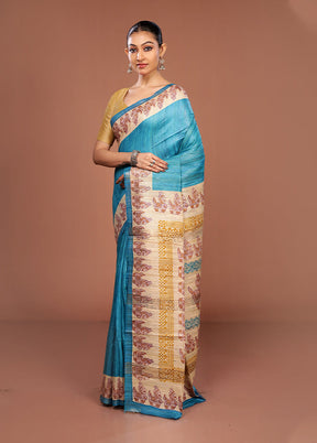 Blue Tussar Silk Saree With Blouse Piece