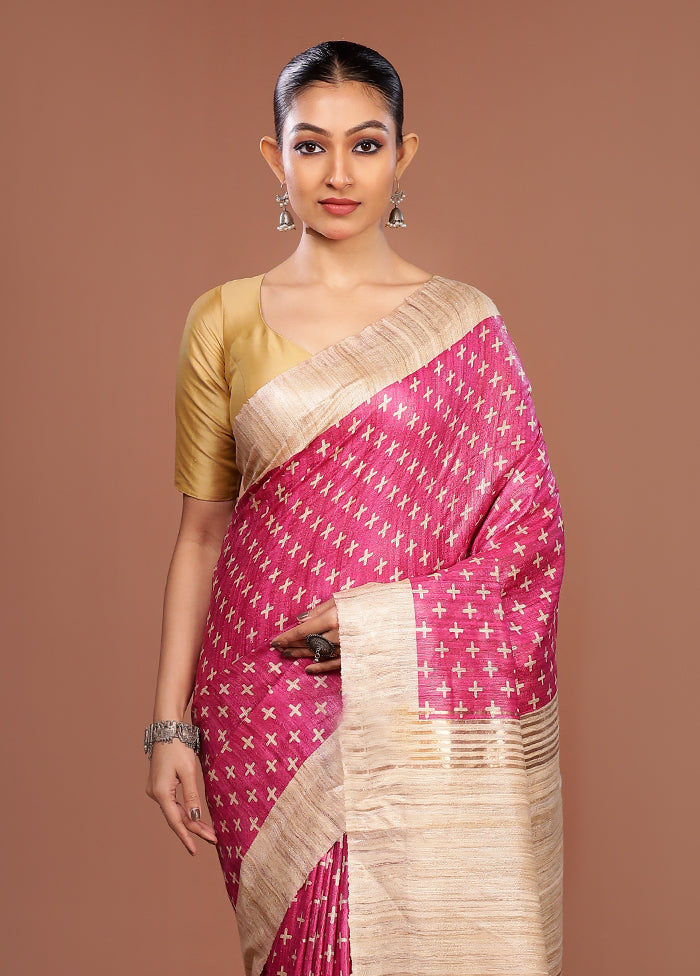 Pink Tussar Silk Saree With Blouse Piece