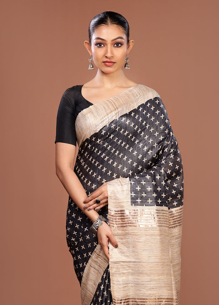 Black Tussar Silk Saree With Blouse Piece