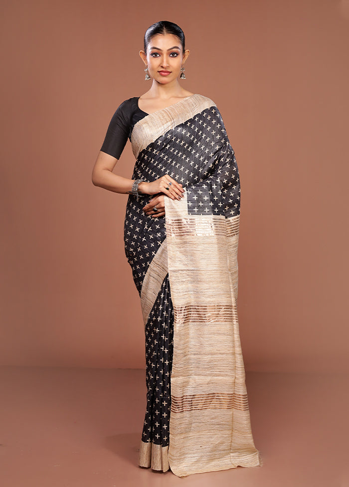 Black Tussar Silk Saree With Blouse Piece