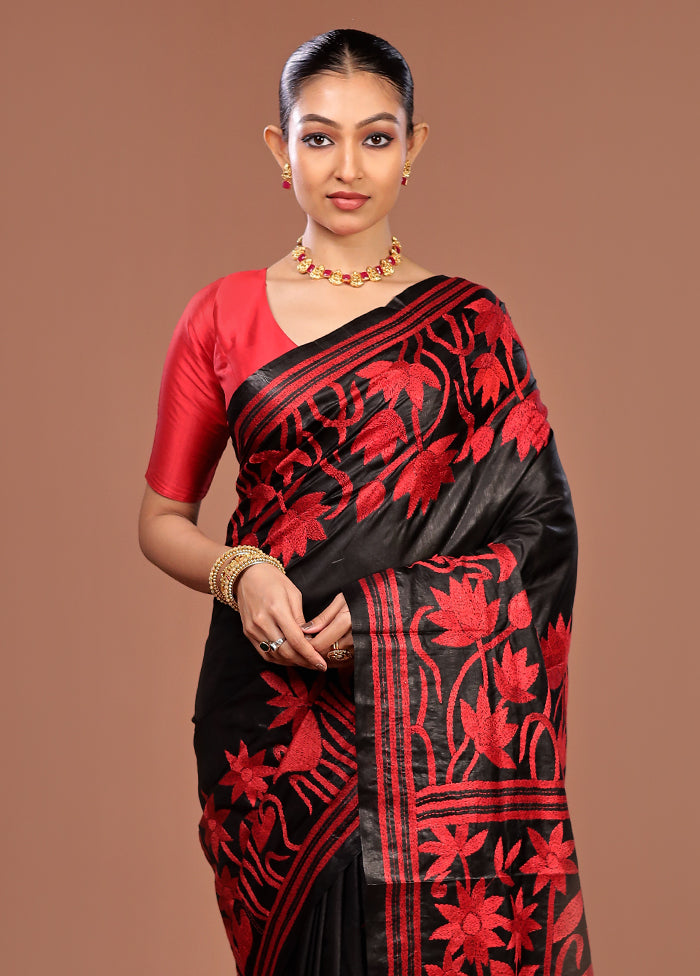 Black Handloom Kantha Stitch Pure Silk Saree With Blouse Piece
