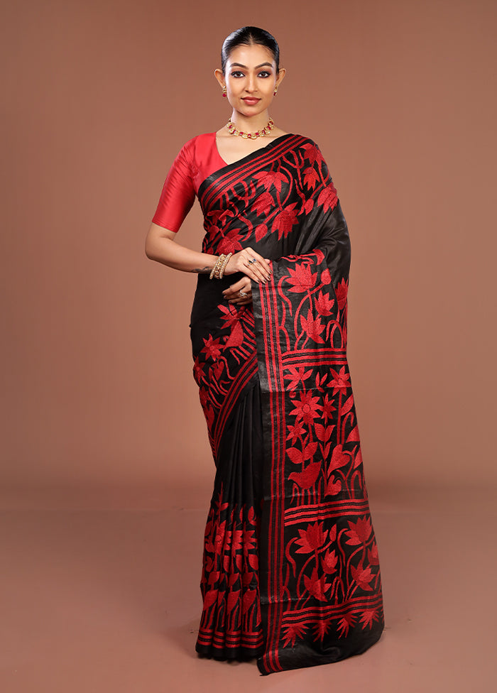 Black Handloom Kantha Stitch Pure Silk Saree With Blouse Piece