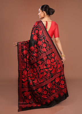 Black Handloom Kantha Stitch Pure Silk Saree With Blouse Piece