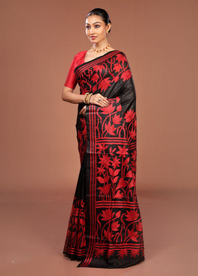 Black Handloom Kantha Stitch Pure Silk Saree With Blouse Piece