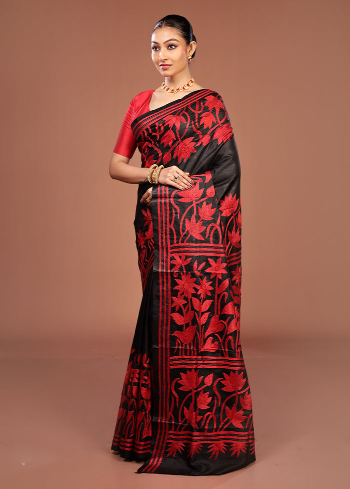 Black Handloom Kantha Stitch Pure Silk Saree With Blouse Piece