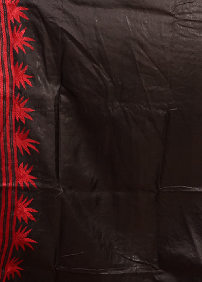 Black Handloom Kantha Stitch Pure Silk Saree With Blouse Piece