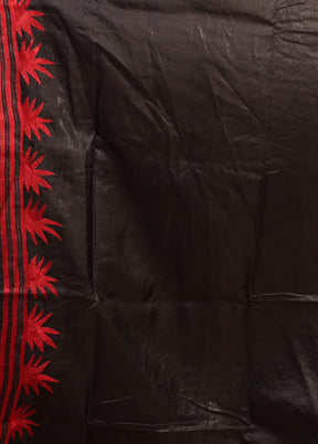 Black Handloom Kantha Stitch Pure Silk Saree With Blouse Piece