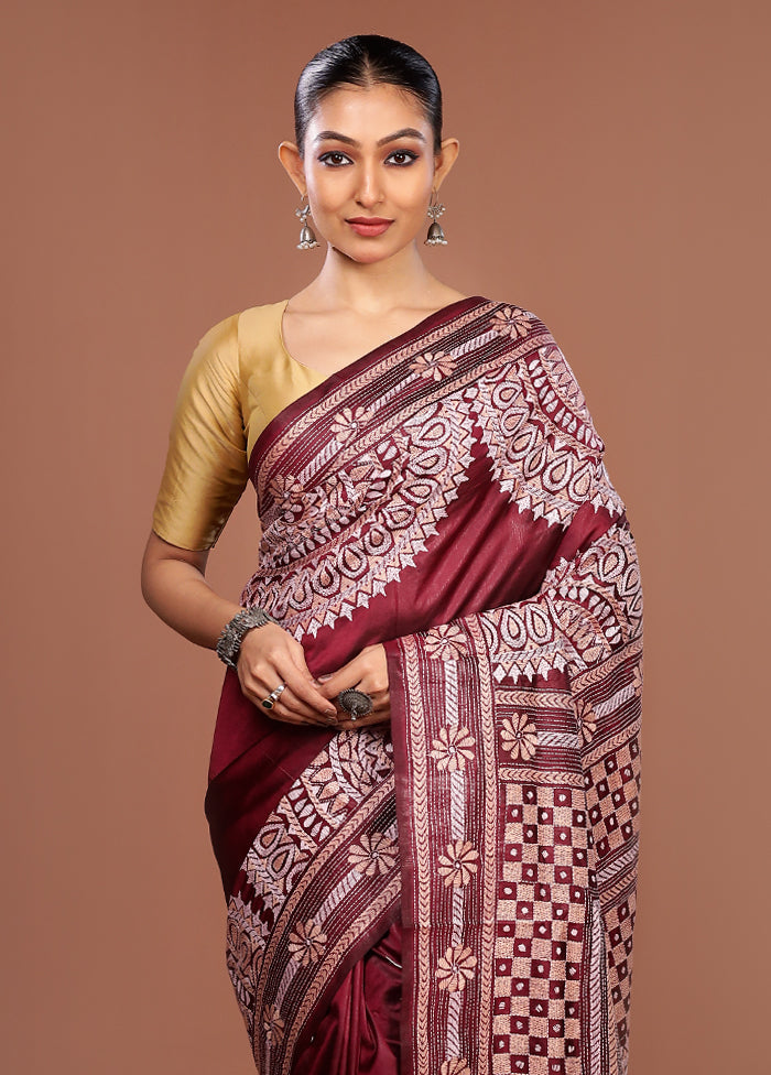 Maroon Handloom Kantha Stitch Pure Silk Saree With Blouse Piece
