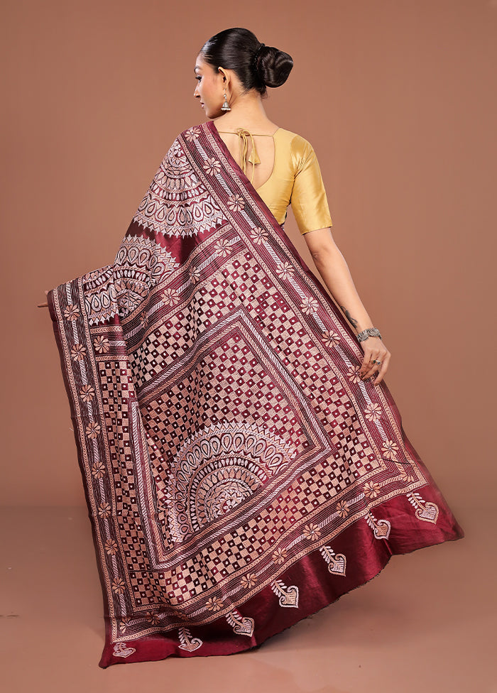 Maroon Handloom Kantha Stitch Pure Silk Saree With Blouse Piece