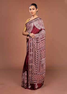 Maroon Handloom Kantha Stitch Pure Silk Saree With Blouse Piece
